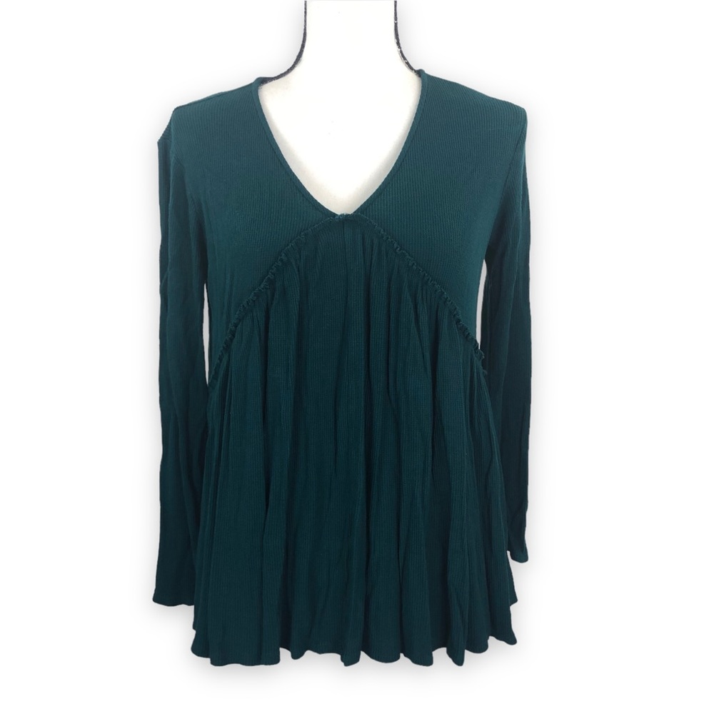 Thermal Waffle Knit Green Babydoll Ruffled Oversized Long Sleeve Lagenlook Top